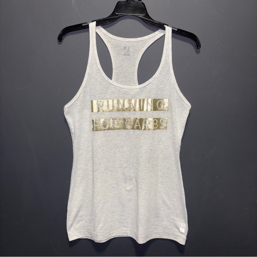 GAP Fit Women's Graphic Tank "Running for Carbs"  Gray Gold Activewear Top Med